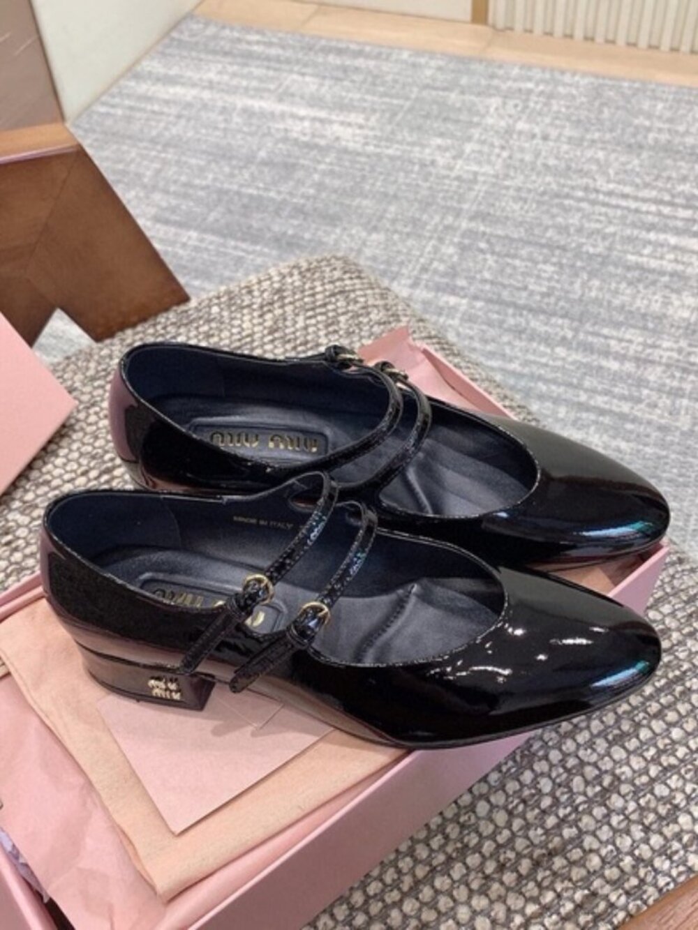 Miu Miu Glossy Black Double Strap Loafers